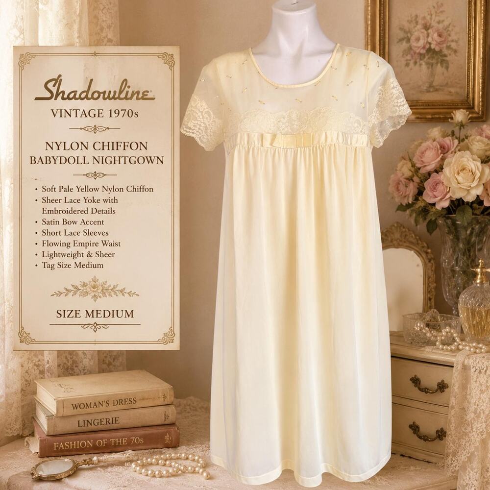 Vintage 1970s Shadowline Nightgown Yellow Nylon Chiffon Babydoll Size Medium